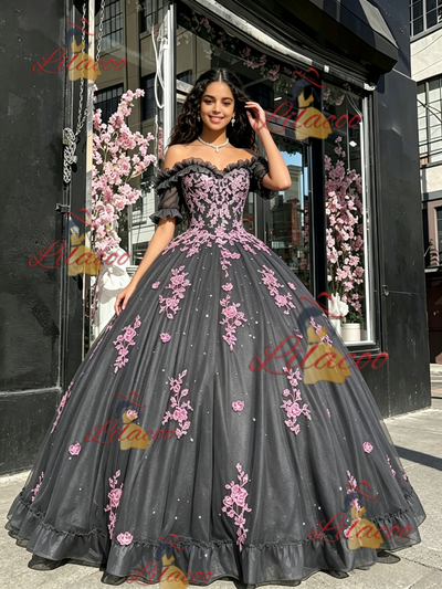 Gray Tulle Short Sleeve Appliques Quinceanera Dress