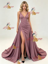 V-neck Pleats Split Prom Dress
