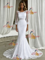 White Mermaid Lace Short Sleeve Wedding Dress