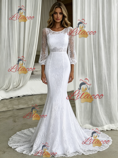 White Mermaid Lace Short Sleeve Wedding Dress
