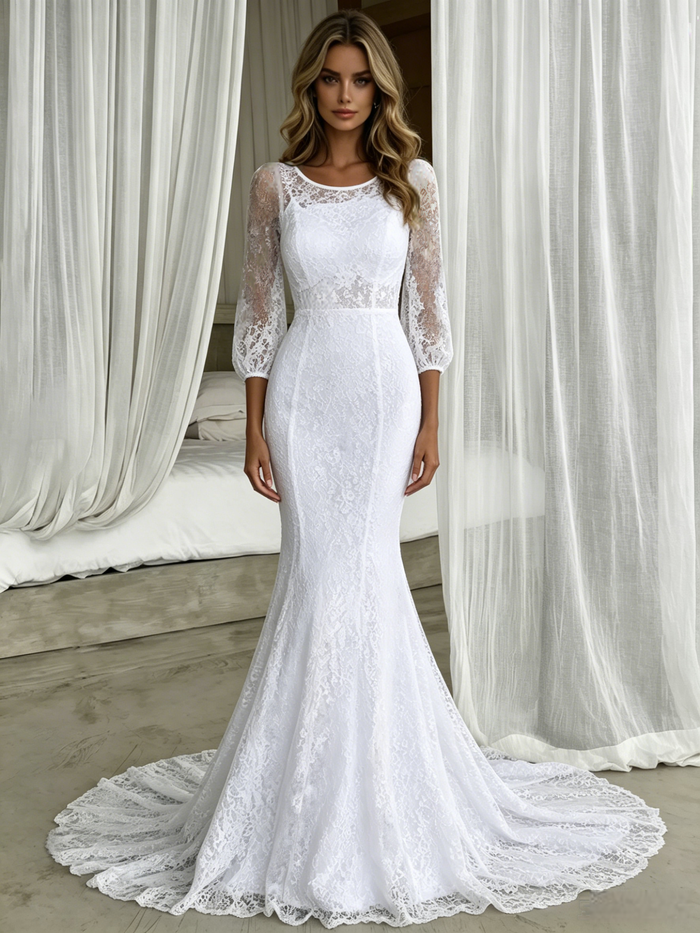 White Mermaid Lace Short Sleeve Wedding Dress
