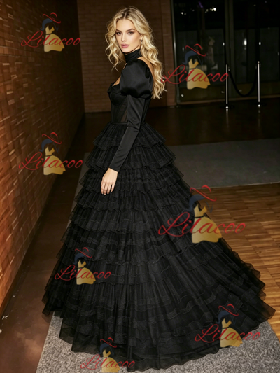 Black Tulle Long Sleeve Prom Dress