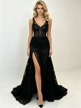 Black Mermaid Lace Straps Prom Dress