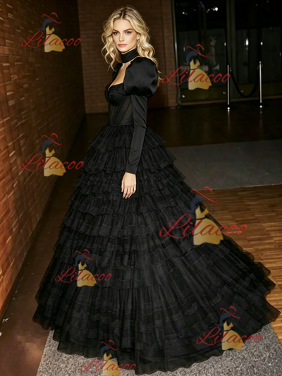 Black Tulle Long Sleeve Prom Dress