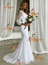 White Mermaid Lace Short Sleeve Wedding Dress