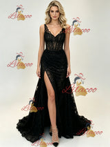 Black Mermaid Lace Straps Prom Dress