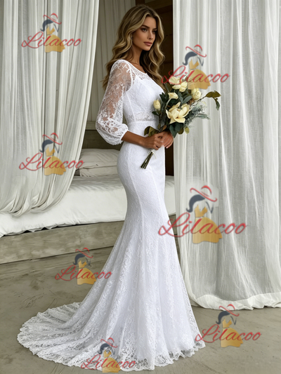 White Mermaid Lace Short Sleeve Wedding Dress