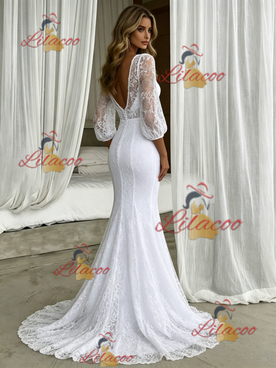 White Mermaid Lace Short Sleeve Wedding Dress