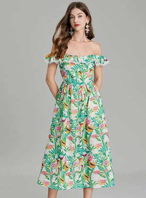 Green Printed Off the Shoulder Dress