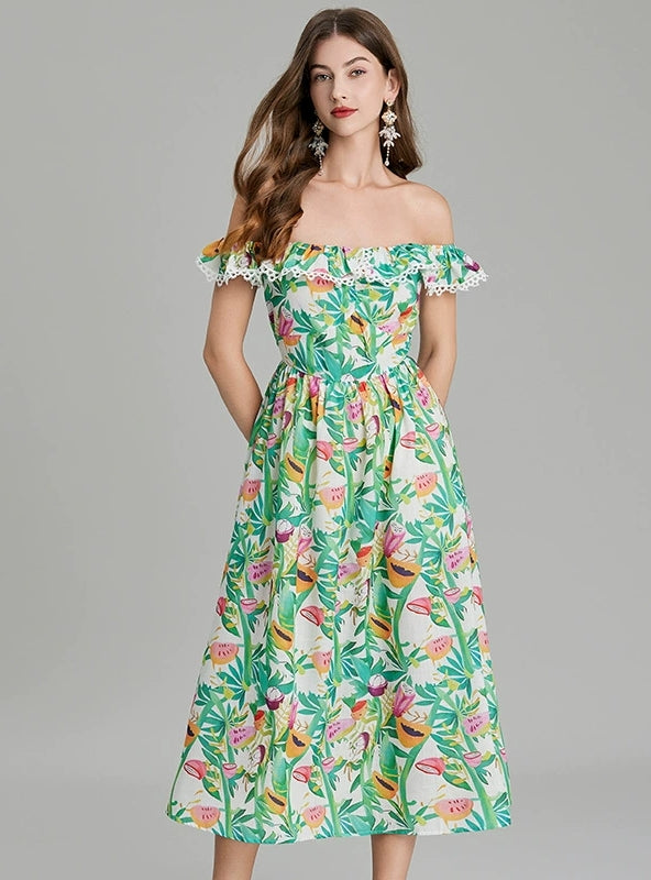 Green Printed Off the Shoulder Dress