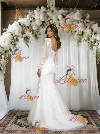 White Mermaid Tulle Appliques Long Sleeve Wedding Dress