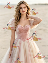 Pink Tulle Puff Sleeve Wedding Dress