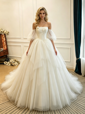 Ivory Tulle Strapless Puff Sleeve Wedding Dress