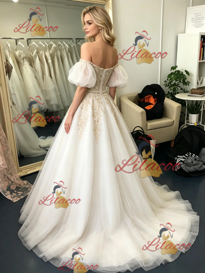 Tulle Off the Shoulder Appliques Prom Dress