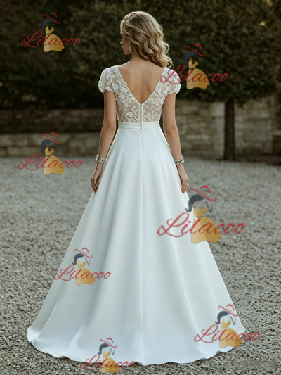 White Satin Cap Sleeve V-neck Wedding Dress