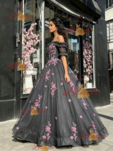 Gray Tulle Short Sleeve Appliques Quinceanera Dress