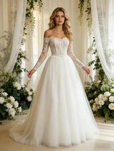 Beige White Tulle Lace Long Sleeve Wedding Dress