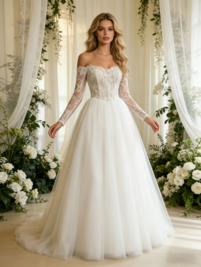 Beige White Tulle Lace Long Sleeve Wedding Dress