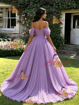 Purple Tulle Off the Shoulder Pleats Quinceanera Dress
