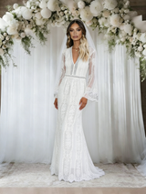White Lace Long Sleeve V-neck Wedding Dress