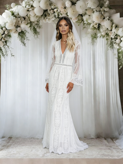 White Lace Long Sleeve V-neck Wedding Dress