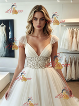 White Tulle V-neck Straps Beading Wedding Dress
