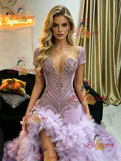 Purple Mermaid Short Sleeve Beading Prom Dress