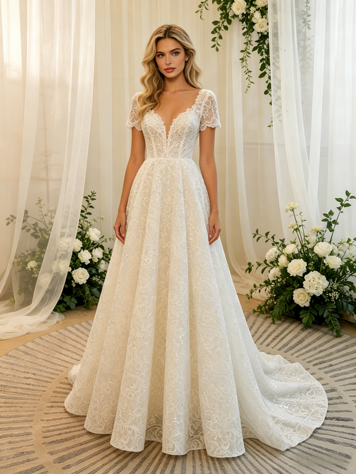 White Lace Short Sleeve Wedding Dress