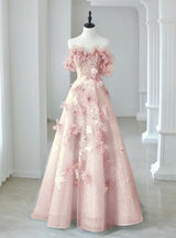 Blue Tulle Sequins Off the Shoulder Flower Prom Dress