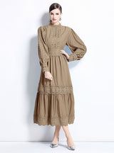 Spliced Stand-up Collar Lantern Sleeve Dress