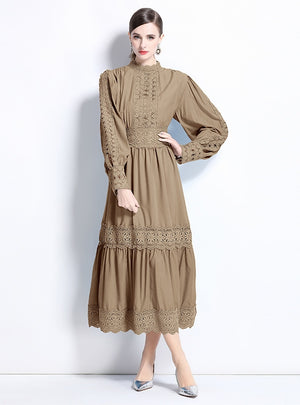 Spliced Stand-up Collar Lantern Sleeve Dress