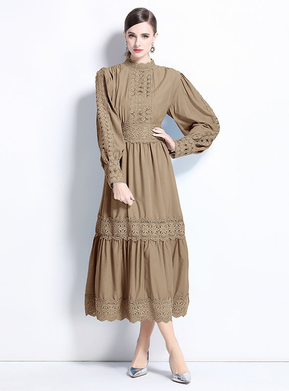 Spliced Stand-up Collar Lantern Sleeve Dress