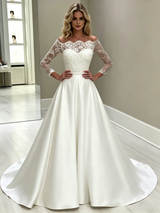 White Satin Lace Long Sleeve Wedding Dress