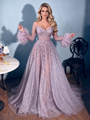 Purple Tulle Off the Shoulder Feather Prom Dress