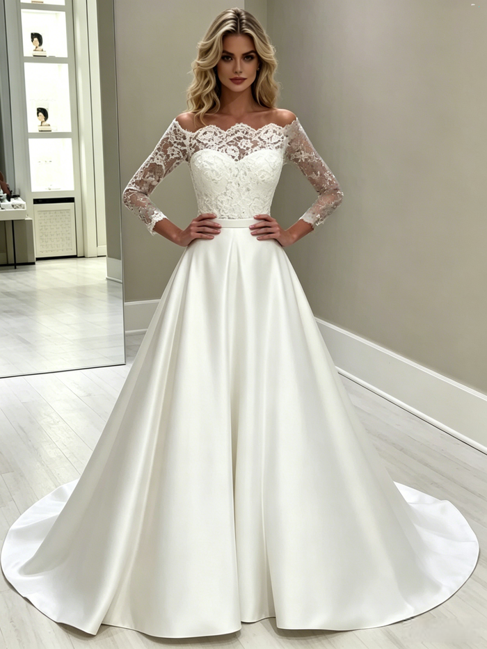 White Satin Lace Long Sleeve Wedding Dress