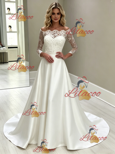 White Satin Lace Long Sleeve Wedding Dress