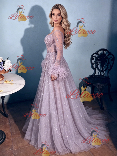 Purple Tulle Off the Shoulder Feather Prom Dress