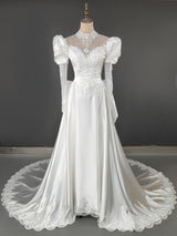 White Satin Appliques Beading High Neck Wedding Dress
