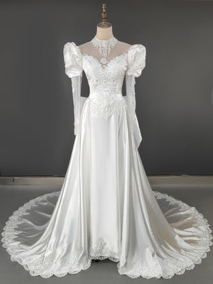 White Satin Appliques Beading High Neck Wedding Dress
