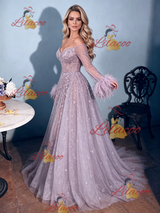 Purple Tulle Off the Shoulder Feather Prom Dress