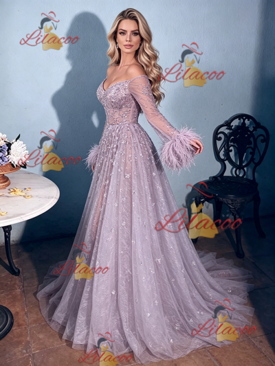 Purple Tulle Off the Shoulder Feather Prom Dress