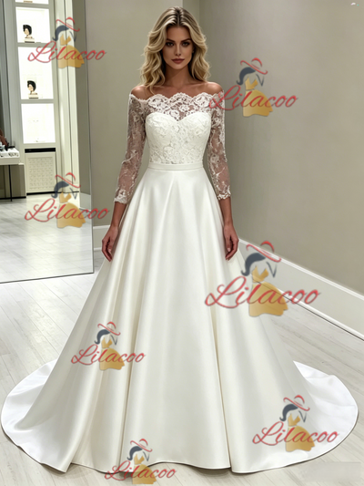 White Satin Lace Long Sleeve Wedding Dress