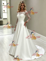 White Satin Lace Long Sleeve Wedding Dress