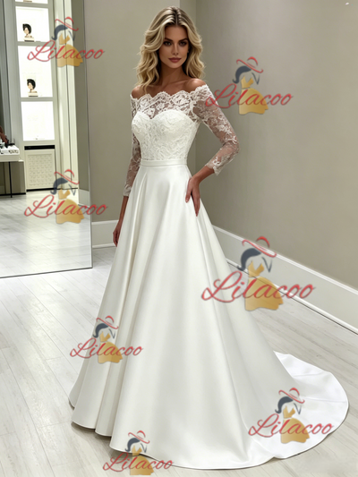 White Satin Lace Long Sleeve Wedding Dress