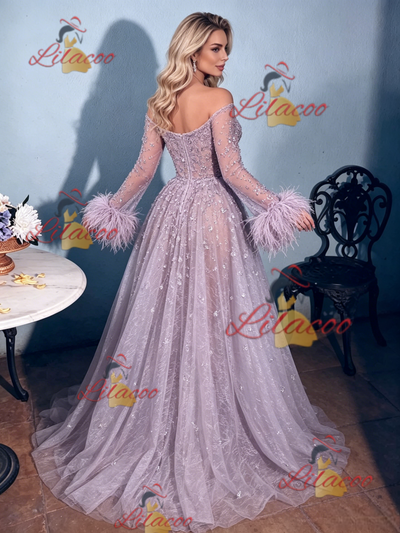 Purple Tulle Off the Shoulder Feather Prom Dress