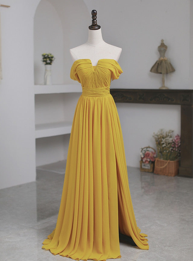 Yellow Chiffon Off the Shoulder Pleats Prom Dress