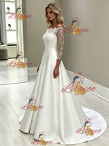 White Satin Lace Long Sleeve Wedding Dress