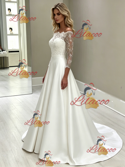 White Satin Lace Long Sleeve Wedding Dress