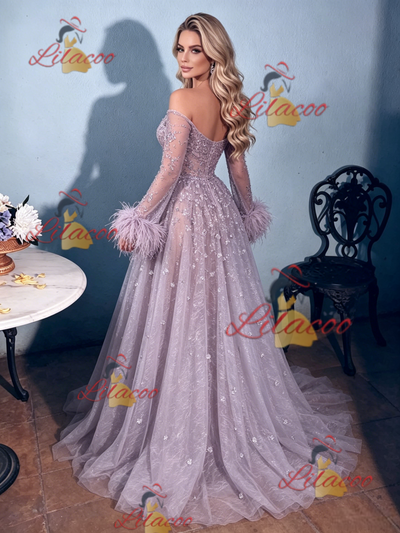 Purple Tulle Off the Shoulder Feather Prom Dress