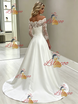 White Satin Lace Long Sleeve Wedding Dress